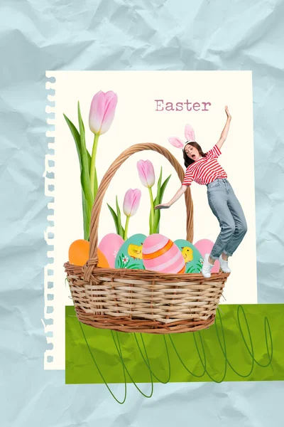 Kreatives Design Collage Foto Postkarte Gruß Feiern Ostern Fallen Eimer — Stockfoto