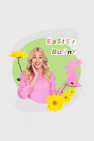 Creative Photo Banner Celebrate Easter Concept Collage Young Attractive Blonde — Stock Photo, Image