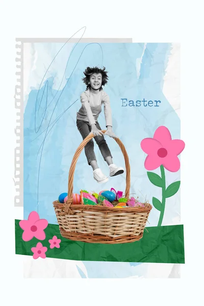 Collage Foto Cartolina Annuncio Preparazione Secchio Regali Pasqua Festa Studente — Foto Stock