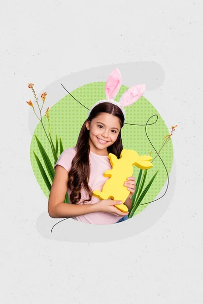 Kompozytowe Zdjęcie Kolaż Grafika Pozdrowienia Szczęśliwy Wielkanoc Uroczystości Mała Dziewczynka — Zdjęcie stockowe