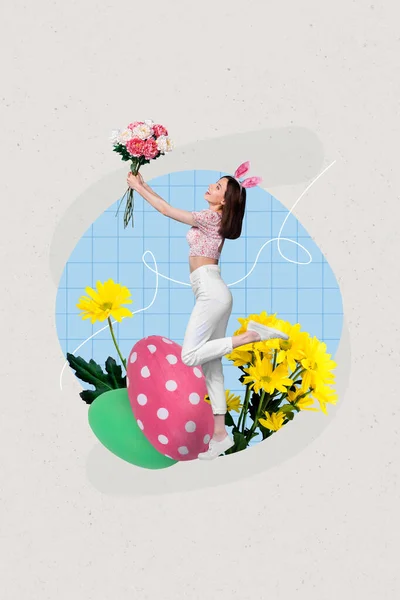 Collage 3d image of pinup pop retro sketch of excited smiling lady enjoying easter time rising flowers isolated painting background.