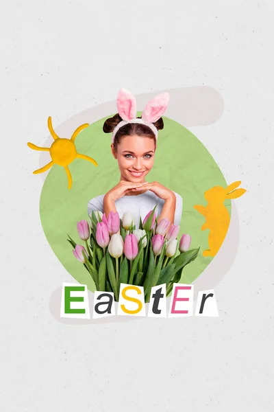 Photo Collage Artwork Minimal Picture Smiling Charming Lady Enjoying Easter — Stock Photo, Image