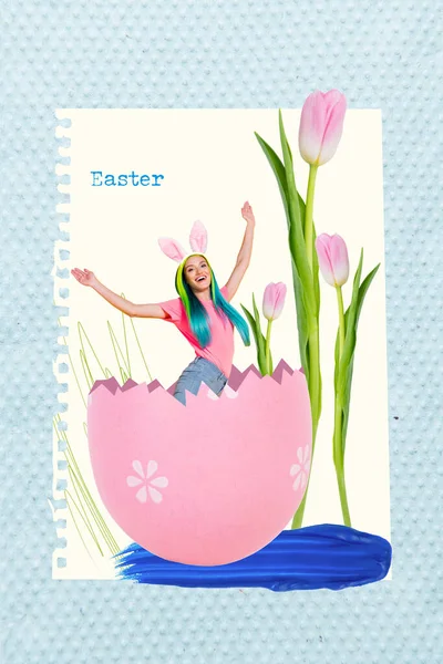 Vertical Collage Young Carefree Girl Celebrate Traditional Easter Holiday Broken — Stock Photo, Image
