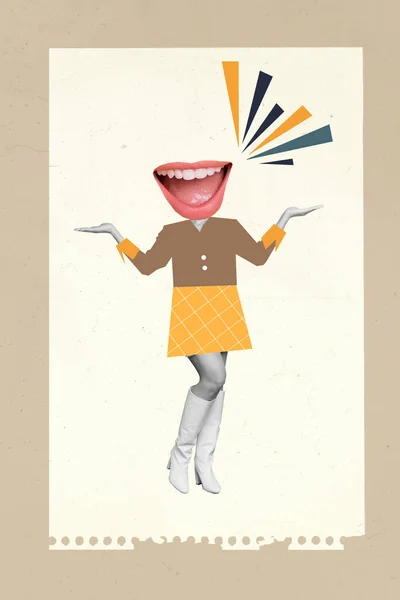 縦のコラージュ画像の少女大きな口の代わりに頭の上に孤立ノートブックペーパーページベージュ背景 — ストック写真