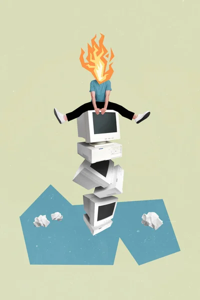 Vertikální Koláž Obraz Mini Chlap Plamen Oheň Místo Hlavy Sedět — Stock fotografie