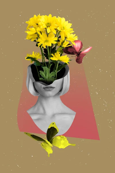 黑白色伽玛女孩面容垂直拼贴肖像雕像花瓶新鲜菊花蝴蝶画图背景分离 — 图库照片