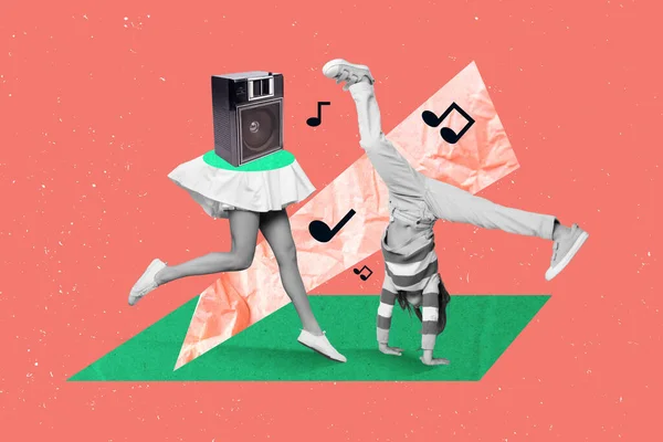 Collage Creativo Ritratto Colori Bianchi Neri Persona Breakdance Boombox Ragazza — Foto Stock