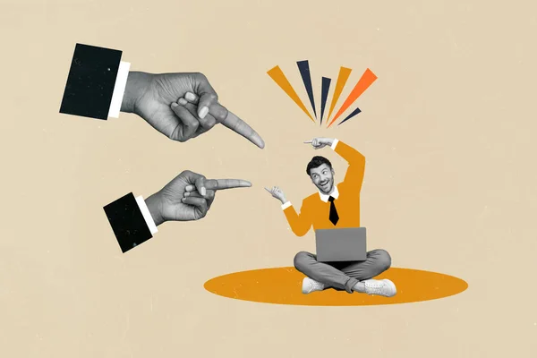 創造的な3Dコラージュ画像のポスター二つの腕を示す面白い幸せな男非難失敗力仕事ハード絵の背景に孤立 — ストック写真