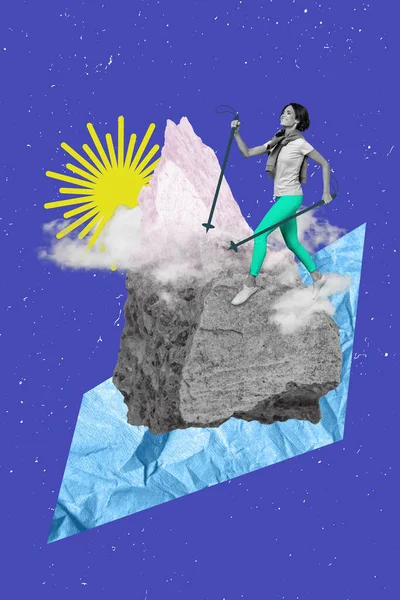 Vertical collage image of mini black white gamma girl climb walk sticks mountain rock isolated on drawing blue background.