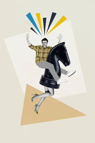 Vertikal Collage Foto Ung Upphetsad Professionell Spelare Man Ridning Häst — Stockfoto