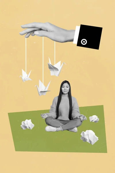 Photo Artwork Collage Young Satisfied Lady Sitting Fingers Balance Levitation — Zdjęcie stockowe