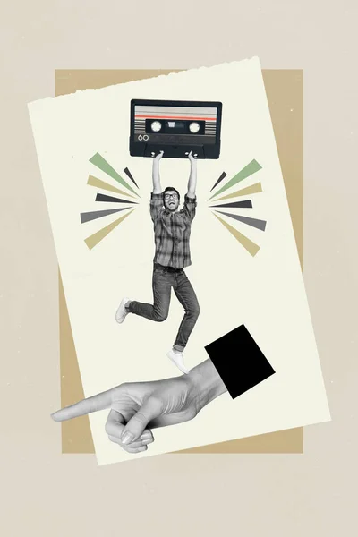 Vertical collage caricature picture image of positive cheerful man listening music old cassette isolated on drawing background.
