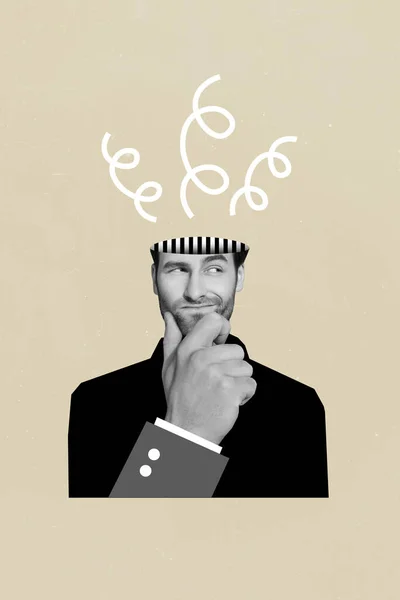 Вертикальный Творческий Эскиз Коллаж Картина Мыслящего Человека Руки Сенсорный Подбородок — стоковое фото