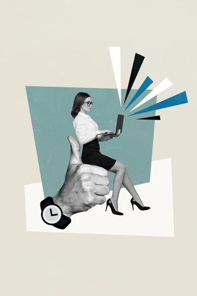 Kreativ Collage Bild Affisch Framgångsrik Säker Vacker Kvinna Skriva Sms — Stockfoto