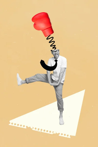 Verticale Collage Portret Van Mini Zwart Witte Kleuren Man Springen — Stockfoto