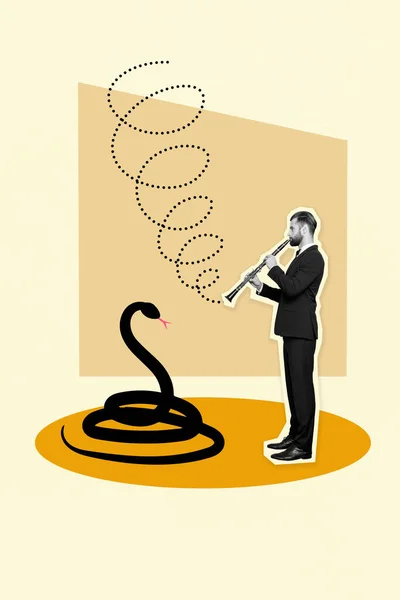 Collage Tendencia Creativa Músico Flautista Caballero Mágico Fakir Sneak Cobra —  Fotos de Stock