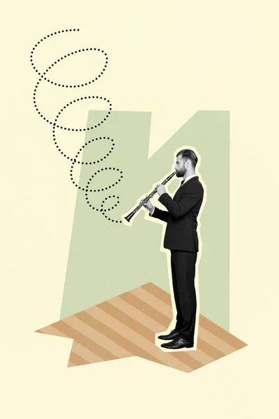 Вертикальне Творче Зображення Колажу Людини Джентльмен Музикант Флейтист Грає Флейті — стокове фото