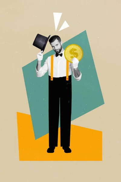 Beyefendinin Yaratıcı Poster Kolajı Şapkalı Altın Sikke Girişimci Adamı Banker — Stok fotoğraf