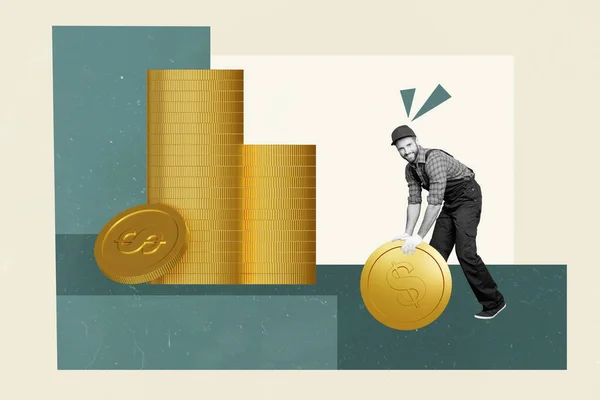 Kreativní Abstraktní Šablona Koláž Člověka Válcování Velké Zlaté Mince Úspory — Stock fotografie