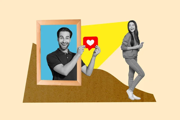 Collage Rétro Minime Jeune Homme Tenir Papier Amour Symbole Coeur — Photo