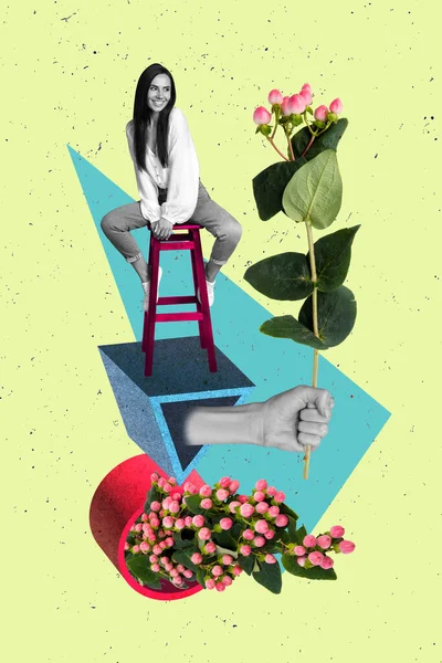 垂直最小テンプレートコラージュ写真の座っている椅子の女性夢浮気Coquette手を保持新鮮なピンクの花は緑の背景に隔離 — ストック写真