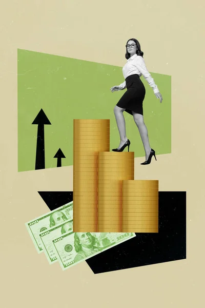 Successful Trader Woman Climb Big Gold Money Coins Pile Wealthy — Stock Photo, Image