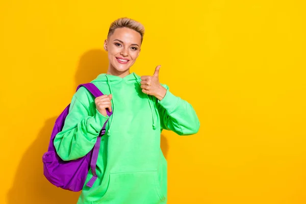 Portrait Nice Positive Person Carry Rucksack Demonstrate Thumb Empty Space — Stock Photo, Image