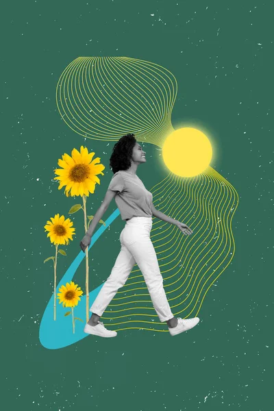 Vertical collage picture of positive black white effect girl walking big sunflower isolated on drawing green background.