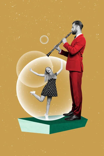 Verticale Collage Afbeelding Van Zwart Witte Kleuren Guy Spelen Fluit — Stockfoto