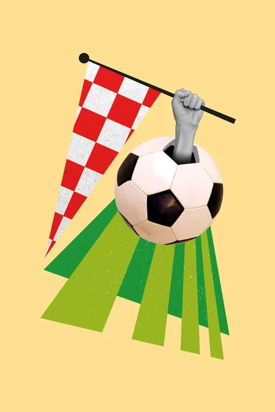 图画背景中孤立的足球白色灰臂举着终点旗的垂直创造性拼贴图解 — 图库照片