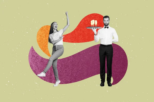 Creativo Collage Immagine Nero Bianco Effetto Ragazza Danza Elegante Cameriere — Foto Stock