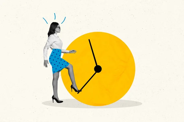 Creative Magazine Template Business Lady Try Change Time Turn Backwards — Stock Photo, Image