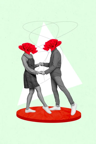 两名与红花瓣植物共舞庆祝三月八日的创意横幅海报拼贴 — 图库照片