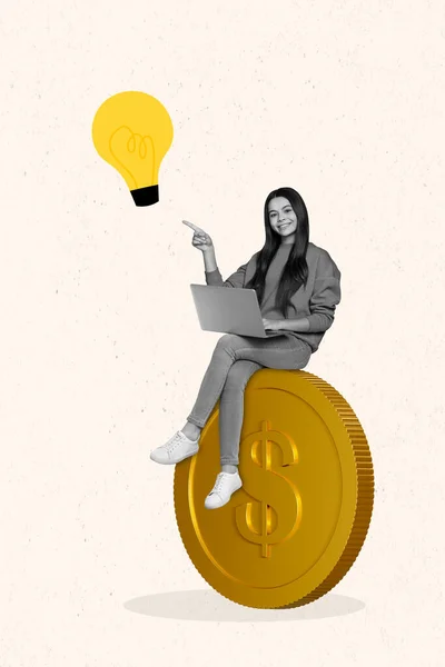 テンプレート金融雑誌コラージュの成功したビジネス女性ティーン子供座っている黄金のコイン使用してネットブック天才アイデア金融成長 — ストック写真