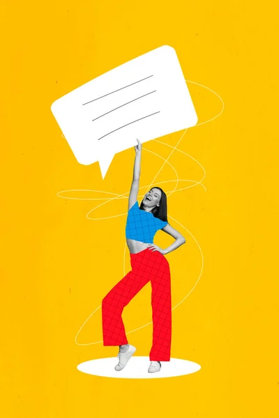 Kreatywny Plakat Baner Collage Śmieszne Młoda Dama Trzymać Białe Pole — Zdjęcie stockowe
