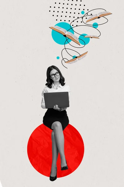 Creative Surreal Magazine Template Collage Successful Lady Worker Use Netbook — Stock Photo, Image