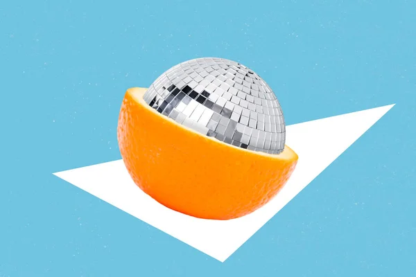 Kreativ Tidning Bild Konstiga Mandarin Frukt Har Disco Boll Kärna — Stockfoto