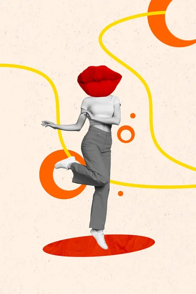 Креативний Шаблон Журналу Колаж Енергійної Леді Ротом Обличчя Танцює Насолоджуйтесь — стокове фото