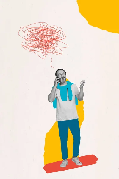 Kreative Magazin Vorlage Collage Von Kerl Arbeiter Sprechen Intelligentes Gadget — Stockfoto