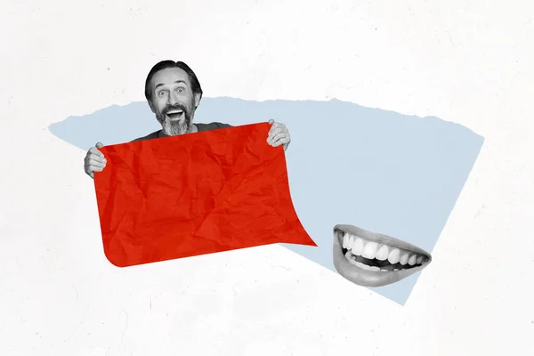 Plantilla Revista Collage Funky Hombre Celebrar Rojo Discurso Burbuja Extraño —  Fotos de Stock