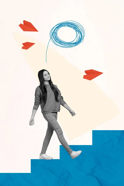 Baner Plakat Kolaż Reklama Nastolatek Dziewczyna Śledzić Papierowe Samoloty Samodoskonalenia — Zdjęcie stockowe
