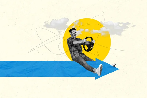 創造的なテンプレートコラージュの若い男座っている青矢印演出作る彼のルート通勤ドライブステアリングホイール — ストック写真