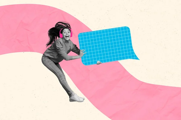 Kreative Bild Collage Von Luftfliegenden Teenager Mädchen Hören Song Modernes — Stockfoto