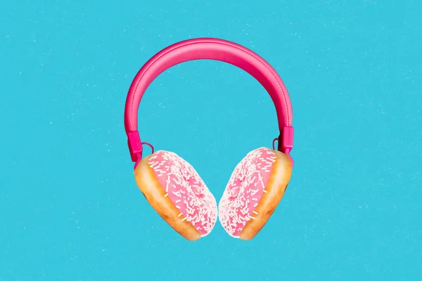 创意海报模板拼贴创新耳机与美味的新鲜甜甜圈饼干高质量的声音甜味 — 图库照片