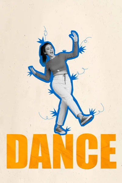 Photo Placard Young Careless Girl Dancing Overjoyed Have Fun Atmosphere — Stock Photo, Image