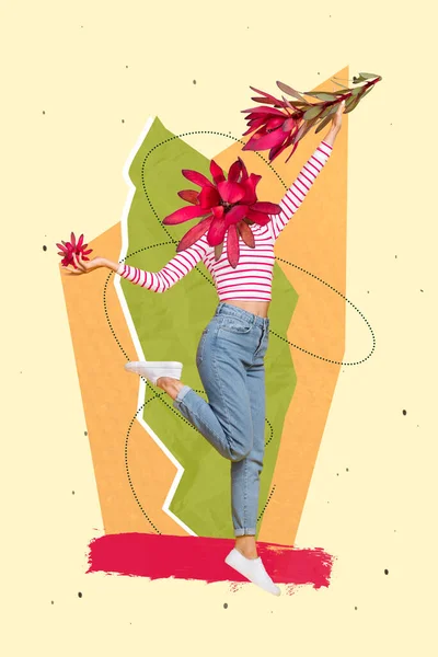 Vertikale Collage Bild Von Aufgeregten Mädchen Frische Blume Statt Kopf — Stockfoto