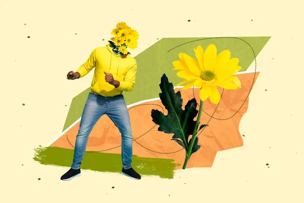 Composite Collage Portrait Dancing Mini Guy Bunch Daisy Flowers Instead — Stock Photo, Image