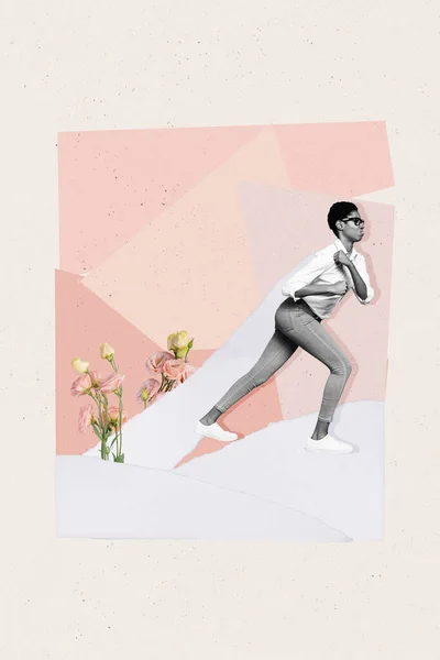 Креативная Графика Соблазняет Графическим Коллажем Образ Целеустремленной Дамы Доставляющей Цветы — стоковое фото