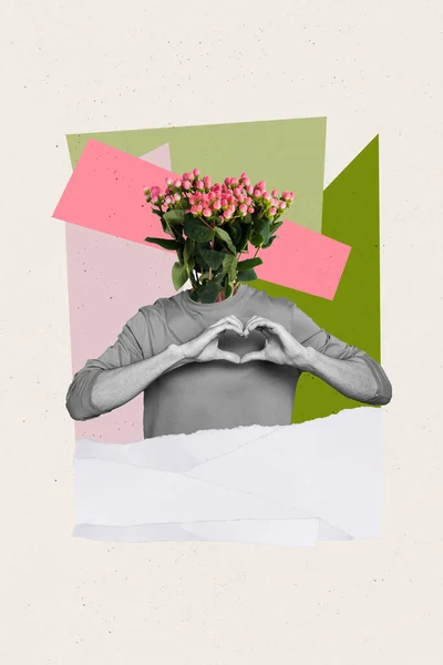 アートマガジンコラージュ写真のファンキーな男の花束の代わりに頭の手を示すハート孤立した図面の背景 — ストック写真