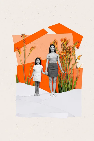 コラージュ3D画像のPinup Popレトロスケッチの魅力的なお母さん娘歩く成長花隔離された絵画背景 — ストック写真